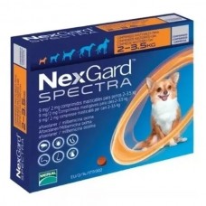 Nexgard spectra 90 mg. 2 a 3.5 kg	una sola toma (tableta masticable)	pulgas, garrapatas, ascaris, anquilostomas y tricocefalos